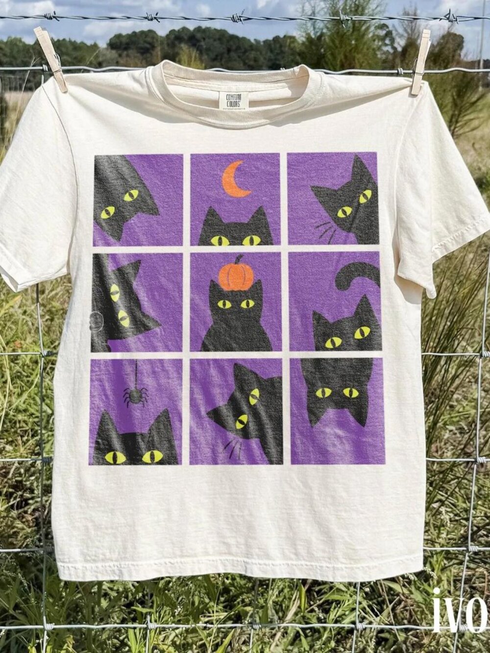 Black Cat Grid Halloween Shirt, Peeking Kitty Graphic Tee